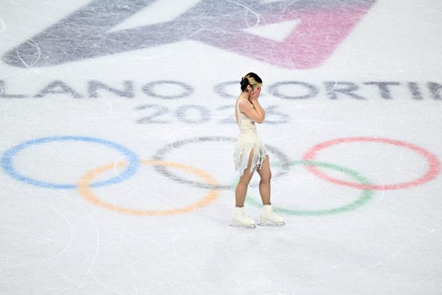 USA's Alysa Liu reacts after competing in the figure skating women's single skating short program during the Milano Cortina 2026 Winter Olympic Games at Milano Ice Skating Arena in Milan on February 17, 2026. (Photo by Gabriel BOUYS / AFP)