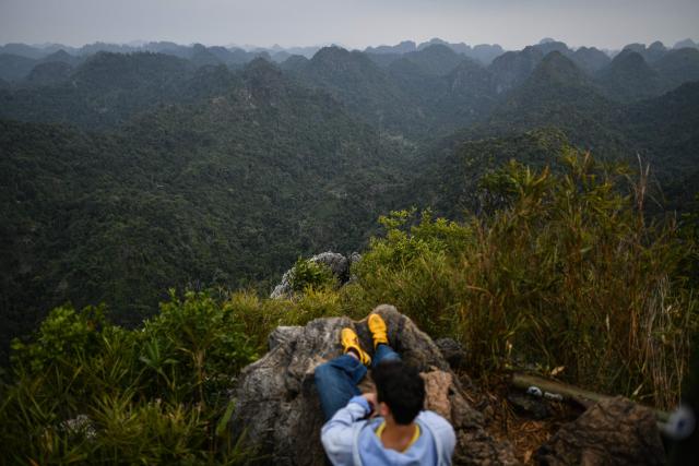 A tourist enjoying the view on limestone mountains as seen from the Ngu Lam peak in Cat Ba national park on February 17, 2026. (Photo by Amaury PAUL / AFP)