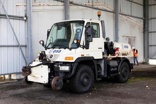 A truck with a European Space Agency (ESA) logo stands at a former rocket launch complex site at Kourou in French Guiana on February 13, 2026. Between 2011 and 2022, Russia launched Soyuz rockets from Kourou, in French Guiana, taking advantage of its proximity to the equator, which was more favorable than Baikonur for certain missions. It was abandoned overnight after Russias aggression against Ukraine in response to European sanctions. The Russian teams left in haste, leaving behind an operation frozen in time.
It was only in 2024 that this launch complex was assigned to the French start-up MaiaSpace, which is developing the first reusable European launcher, whose maiden flight, delayed, is scheduled for the end of 2026. (Photo by Ronan LIETAR / AFP)