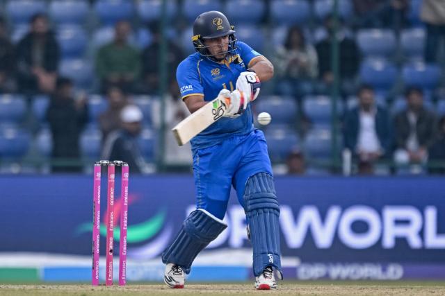 UAE's Alishan Sharafu plays a shot during the 2026 ICC Men's T20 Cricket World Cup group stage match between South Africa and United Arab Emirates at the Arun Jaitley Stadium in New Delhi on February 18, 2026. (Photo by Arun SANKAR / AFP)