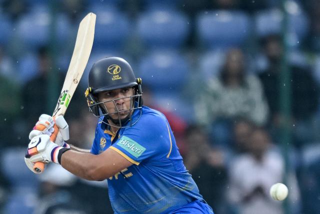 UAE's Alishan Sharafu plays a shot during the 2026 ICC Men's T20 Cricket World Cup group stage match between South Africa and United Arab Emirates at the Arun Jaitley Stadium in New Delhi on February 18, 2026. (Photo by Arun SANKAR / AFP)