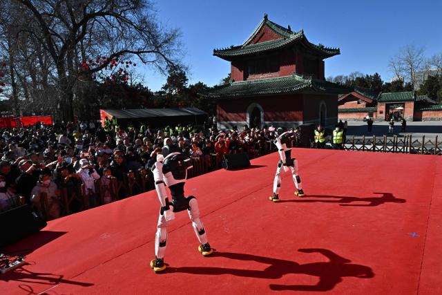 Robots perform at a fair in a park on the second day of the Lunar New Year of the Horse in Beijing on February 18, 2026. (Photo by Pedro PARDO / AFP)