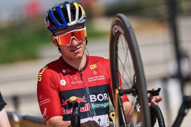 Red Bull-Bora-Hansgrohe's Belgian rider Remco Evenepoel prepares for the third stage of the UAE Tour cycling event from Umm al-Quwain to Jebel Mobrah in Ras al-Khaimah on February 18, 2026. (Photo by Fadel SENNA / AFP)
