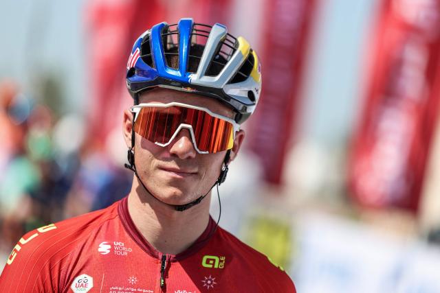 Red Bull-Bora-Hansgrohe's Belgian rider Remco Evenepoel prepares for the third stage of the UAE Tour cycling event from Umm al-Quwain to Jebel Mobrah in Ras al-Khaimah on February 18, 2026. (Photo by Fadel SENNA / AFP)