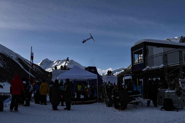 Canada's Marion Thenault takes part in a training and warmup session ahead of the freestyle skiing women's aerials qualification 1 during the Milano Cortina 2026 Winter Olympic Games at Livigno Aerials & Moguls Park, in Livigno (Valtellina), on February 18, 2026. (Photo by Jeff PACHOUD / AFP)