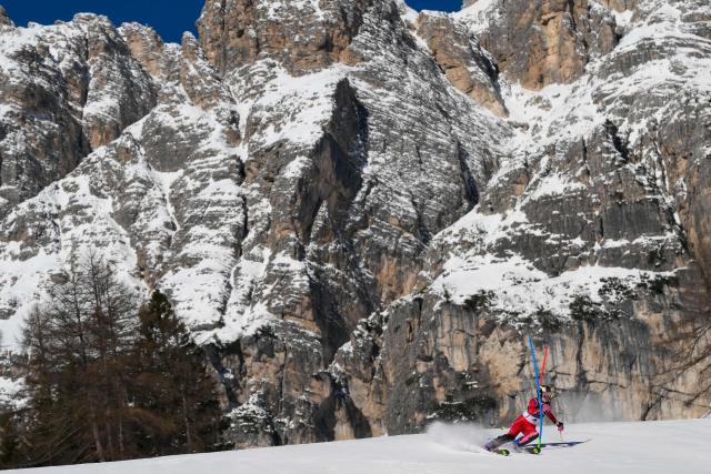 Austria's Katharina Truppe competes in the first run of the women's slalom event during the Milano Cortina 2026 Winter Olympic Games at the Tofane Alpine Skiing Centre in Cortina d’Ampezzo on February 18, 2026. (Photo by Marco BERTORELLO / AFP)