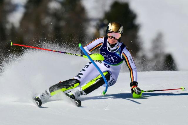 Germany's Lena Duerr competes in the first run of the women's slalom event during the Milano Cortina 2026 Winter Olympic Games at the Tofane Alpine Skiing Centre in Cortina d’Ampezzo on February 18, 2026. (Photo by Stefano RELLANDINI / AFP)