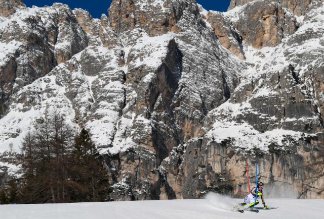 Germany's Lena Duerr competes in the first run of the women's slalom event during the Milano Cortina 2026 Winter Olympic Games at the Tofane Alpine Skiing Centre in Cortina d’Ampezzo on February 18, 2026. (Photo by Marco BERTORELLO / AFP)