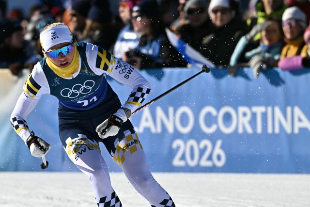 Sweden's Maja Dahlqvist competes during the women's team cross country free sprint qualification event of the Milano Cortina 2026 Winter Olympic Games at Tesero Cross-Country Skiing Stadium in Lago di Tesero (Val di Fiemme), on February 18, 2026. (Photo by Javier SORIANO / AFP)