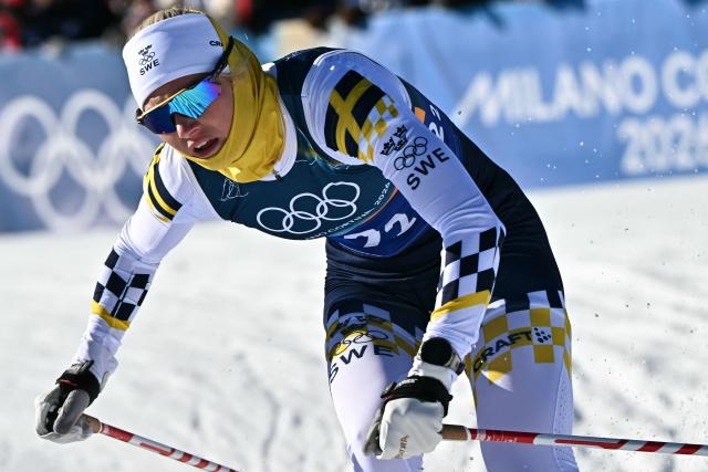 Sweden's Maja Dahlqvist competes during the women's team cross country free sprint qualification event of the Milano Cortina 2026 Winter Olympic Games at Tesero Cross-Country Skiing Stadium in Lago di Tesero (Val di Fiemme), on February 18, 2026. (Photo by Javier SORIANO / AFP)