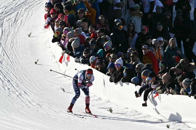 USA's Julia Kern competes during the women's team cross country free sprint qualification event of the Milano Cortina 2026 Winter Olympic Games at Tesero Cross-Country Skiing Stadium in Lago di Tesero (Val di Fiemme), on February 18, 2026. (Photo by Javier SORIANO / AFP)