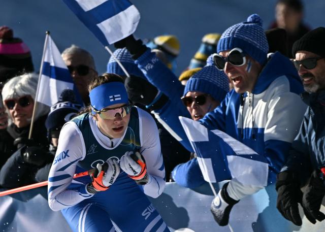 Finland's Jasmin Kahara competes during the women's team cross country free sprint qualification event of the Milano Cortina 2026 Winter Olympic Games at Tesero Cross-Country Skiing Stadium in Lago di Tesero (Val di Fiemme), on February 18, 2026. (Photo by Javier SORIANO / AFP)