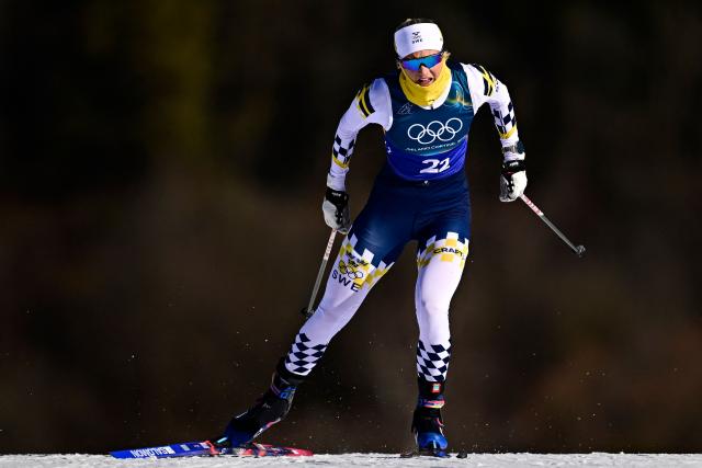 Sweden's Maja Dahlqvist competes during the women's team cross country free sprint qualification event of the Milano Cortina 2026 Winter Olympic Games at Tesero Cross-Country Skiing Stadium in Lago di Tesero (Val di Fiemme), on February 18, 2026. (Photo by Tobias SCHWARZ / AFP)