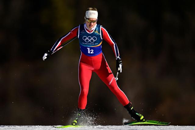 Norway's Julie Bjervig Drivenes competes during the women's team cross country free sprint qualification event of the Milano Cortina 2026 Winter Olympic Games at Tesero Cross-Country Skiing Stadium in Lago di Tesero (Val di Fiemme), on February 18, 2026. (Photo by Tobias SCHWARZ / AFP)