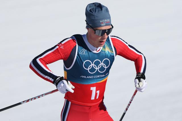Norway's Einar Hedegart competes during the men's team cross country free sprint qualification event of the Milano Cortina 2026 Winter Olympic Games at Tesero Cross-Country Skiing Stadium in Lago di Tesero (Val di Fiemme), on February 18, 2026. (Photo by Anne-Christine POUJOULAT / AFP)