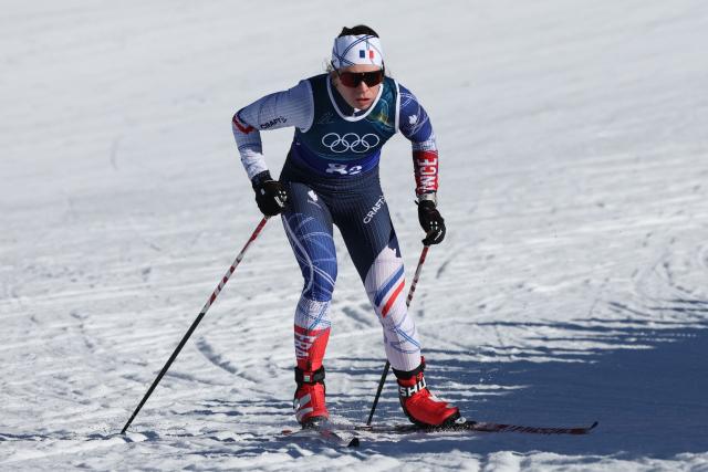 France's Melissa Gal competes during the women's team cross country free sprint qualification event of the Milano Cortina 2026 Winter Olympic Games at Tesero Cross-Country Skiing Stadium in Lago di Tesero (Val di Fiemme), on February 18, 2026. (Photo by Anne-Christine POUJOULAT / AFP)