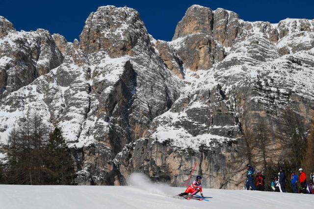 Switzerland's Melanie Meillard competes in the first run of the women's slalom event during the Milano Cortina 2026 Winter Olympic Games at the Tofane Alpine Skiing Centre in Cortina d’Ampezzo on February 18, 2026. (Photo by Marco BERTORELLO / AFP)