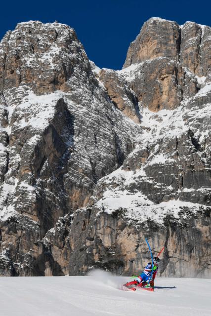 France's Marion Chevrier competes in the first run of the women's slalom event during the Milano Cortina 2026 Winter Olympic Games at the Tofane Alpine Skiing Centre in Cortina d’Ampezzo on February 18, 2026. (Photo by Marco BERTORELLO / AFP)