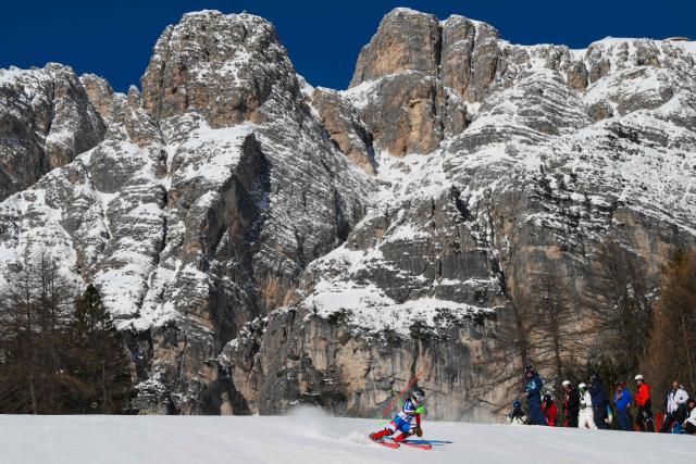 France's Marion Chevrier competes in the first run of the women's slalom event during the Milano Cortina 2026 Winter Olympic Games at the Tofane Alpine Skiing Centre in Cortina d’Ampezzo on February 18, 2026. (Photo by Marco BERTORELLO / AFP)