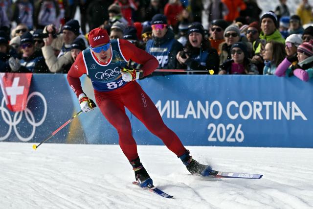 Switzerland's Valerio Grond competes during the men's team cross country free sprint qualification event of the Milano Cortina 2026 Winter Olympic Games at Tesero Cross-Country Skiing Stadium in Lago di Tesero (Val di Fiemme), on February 18, 2026. (Photo by Javier SORIANO / AFP)