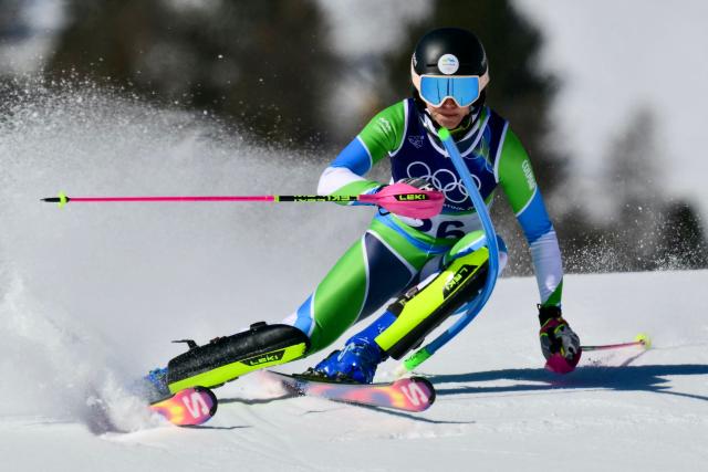Slovenia's Ana Bucik Jogan competes in the first run of the women's slalom event during the Milano Cortina 2026 Winter Olympic Games at the Tofane Alpine Skiing Centre in Cortina d’Ampezzo on February 18, 2026. (Photo by Stefano RELLANDINI / AFP)