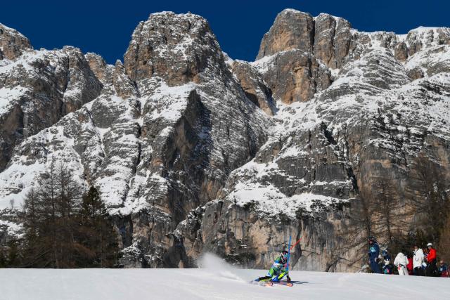 Slovenia's Ana Bucik Jogan competes in the first run of the women's slalom event during the Milano Cortina 2026 Winter Olympic Games at the Tofane Alpine Skiing Centre in Cortina d’Ampezzo on February 18, 2026. (Photo by Marco BERTORELLO / AFP)