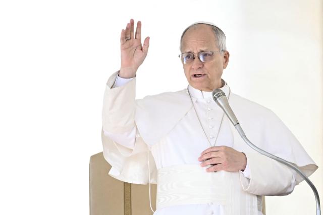 Pope Leo XIV blesses the crowd during the weekly general audience at St Peter's Square in The Vatican on February 18, 2026. (Photo by Filippo MONTEFORTE / AFP)