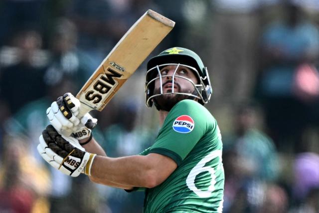 Pakistan's captain Salman Agha watches the ball after playing a shot during the 2026 ICC Men's T20 Cricket World Cup group stage match between Pakistan and Namibia at the Sinhalese Sports Club (SSC) Ground in Colombo on February 18, 2026. (Photo by Ishara S. KODIKARA / AFP)