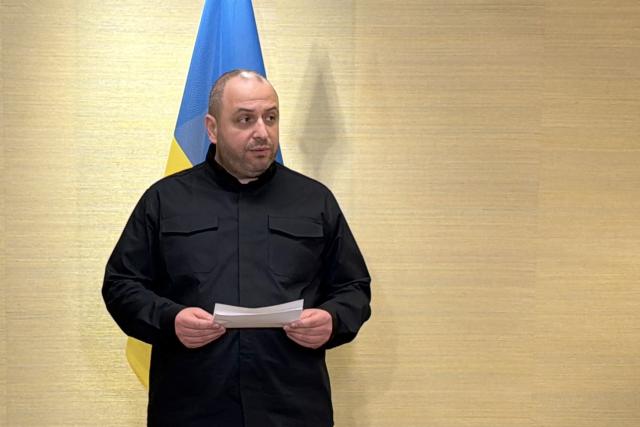 Ukraine's lead negotiator Rustem Umerov reads a statement following the conclusion of US-mediated talks between Russia and Ukraine seeking to find an end to the four-year war, in Geneva on February 18, 2026. (Photo by Elodie LE MAOU / AFP)