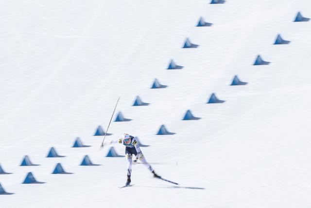 TOPSHOT - Sweden's Maja Dahlqvist competes during the women's team cross country free sprint final event of the Milano Cortina 2026 Winter Olympic Games at Tesero Cross-Country Skiing Stadium in Lago di Tesero (Val di Fiemme), on February 18, 2026. (Photo by Anne-Christine POUJOULAT / AFP)