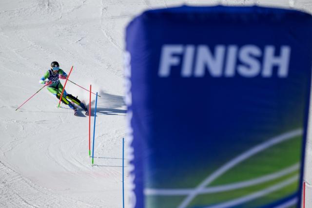 Slovenia's Ana Bucik Jogan competes in the second run of the women's slalom event during the Milano Cortina 2026 Winter Olympic Games at the Tofane Alpine Skiing Centre in Cortina d’Ampezzo on February 18, 2026. (Photo by Marco BERTORELLO / AFP)