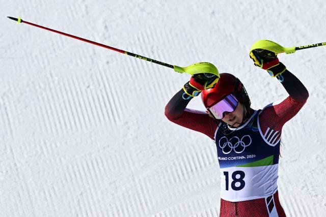 Canada's Laurence St-Germain reacts in the finish area after competing in  the second run of the women's slalom event during the Milano Cortina 2026 Winter Olympic Games at the Tofane Alpine Skiing Centre in Cortina d’Ampezzo on February 18, 2026. (Photo by Tiziana FABI / AFP)