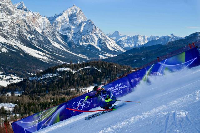 Sweden's Anna Swenn Larsson competes in the second run of the women's slalom event during the Milano Cortina 2026 Winter Olympic Games at the Tofane Alpine Skiing Centre in Cortina d’Ampezzo on February 18, 2026. (Photo by Stefano RELLANDINI / AFP)