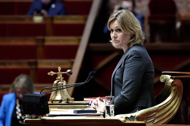 President of the French National Assembly Yael Braun-Pivet looks on during a session of questions to the government at the National Assembly, France's lower house of parliament, in Paris on February 18, 2026. (Photo by STEPHANE DE SAKUTIN / AFP)