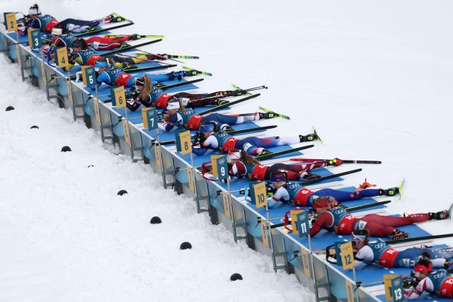 Athletes compete in the women's biathlon 4x6km relay event during the Milano Cortina 2026 Winter Olympic Games at the Anterselva Biathlon Arena (Sudtirol Arena) in Anterselva (Val Pusteria) on February 18, 2026. (Photo by FRANCK FIFE / AFP)