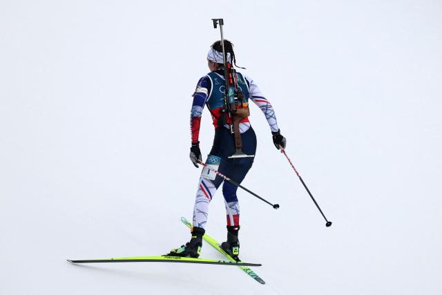 France's Camille Bened competes in the women's biathlon 4x6km relay event during the Milano Cortina 2026 Winter Olympic Games at the Anterselva Biathlon Arena (Sudtirol Arena) in Anterselva (Val Pusteria) on February 18, 2026. (Photo by FRANCK FIFE / AFP)