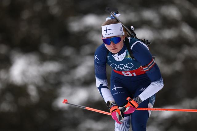 Finland's Inka Hamalainen competes in the women's biathlon 4x6km relay event during the Milano Cortina 2026 Winter Olympic Games at the Anterselva Biathlon Arena (Sudtirol Arena) in Anterselva (Val Pusteria) on February 18, 2026. (Photo by FRANCK FIFE / AFP)