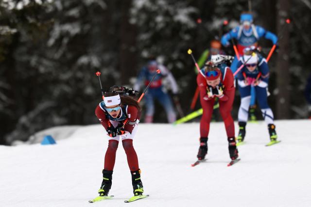 Athletes compete in the women's biathlon 4x6km relay event during the Milano Cortina 2026 Winter Olympic Games at the Anterselva Biathlon Arena (Sudtirol Arena) in Anterselva (Val Pusteria) on February 18, 2026. (Photo by FRANCK FIFE / AFP)