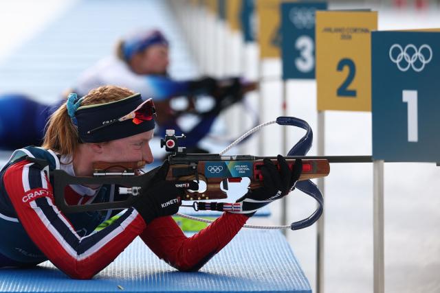 Norway's Maren Kirkeeide competes in the women's biathlon 4x6km relay event during the Milano Cortina 2026 Winter Olympic Games at the Anterselva Biathlon Arena (Sudtirol Arena) in Anterselva (Val Pusteria) on February 18, 2026. (Photo by FRANCK FIFE / AFP)