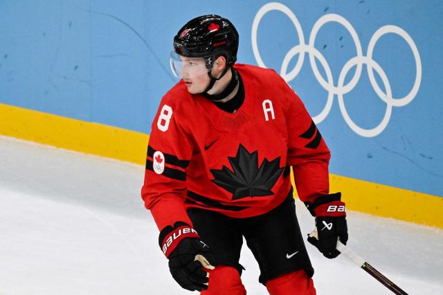 Canada's #08 Cale Makar reacts during the men's play-off quarter-final ice hockey match between Canada and Czech Republic at the Milano Santagiulia Ice Hockey Arena during the Milano Cortina 2026 Winter Olympic Games in Milan, on February 18, 2026. (Photo by Alexander NEMENOV / AFP)
