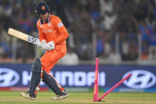 Netherlands' captain Scott Edwards is clean bowled during the 2026 ICC Men's T20 Cricket World Cup group stage match between India and Netherlands at the Narendra Modi Stadium in Ahmedabad on February 18, 2026. (Photo by Shammi MEHRA / AFP)