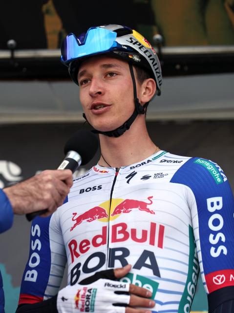 UCI WorldTeam Red Bull–Bora–Hansgrohe German cyclist Florian Lipowitz is pictured during the team presentation, ahead of the first stage of the 52nd edition of the Volta ao Algarve, a 183.5 km race between Vila Real de Santo Antonio and Tavira on February 18, 2026. (Photo by Joгo Matos / AFP)