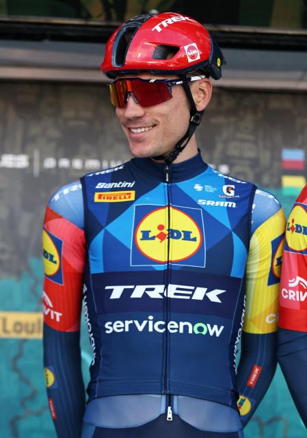 UCI WorldTeam Lidl–Trek Spanish cyclist Juan Ayuso is pictured during the team presentation, ahead of the first stage of the 52nd edition of the Volta ao Algarve, a 183.5 km race between Vila Real de Santo Antonio and Tavira on February 18, 2026. (Photo by Joгo Matos / AFP)