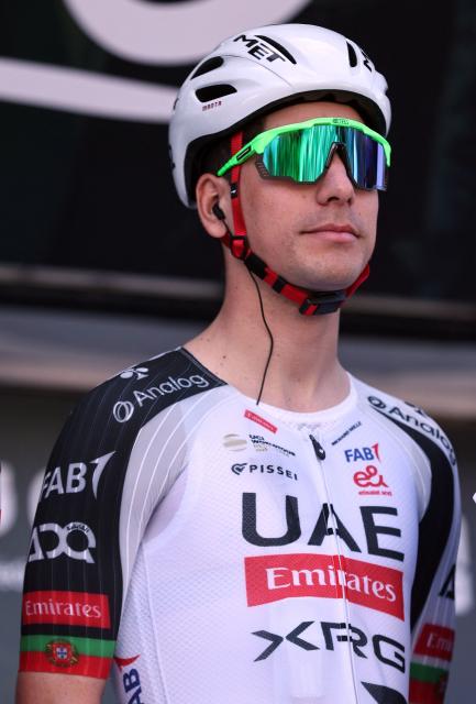 UCI WorldTeam UAE Team Emirates XRG Portuguese cyclist Joao Almeida is pictured during the team presentation, ahead of the first stage of the 52nd edition of the Volta ao Algarve, a 183.5 km race between Vila Real de Santo Antonio and Tavira on February 18, 2026. (Photo by João Matos / AFP)