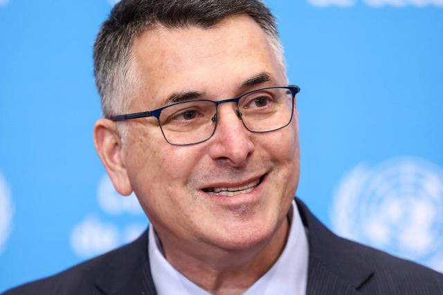 Israeli Foreign Minister Gideon Sa'ar speaks during a press conference at the United Nations Headquarters in New York, on February 18, 2026. (Photo by CHARLY TRIBALLEAU / AFP)