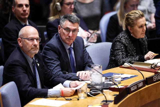 Israeli Foreign Minister Gideon Sa'ar (2L) listens during a United Nations Security Council meeting on the Middle East at UN headquarters in New York, on February 18, 2026. (Photo by CHARLY TRIBALLEAU / AFP)