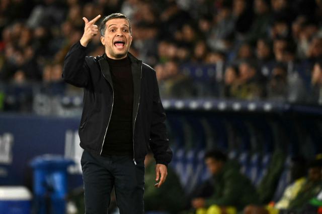 Levante's Portuguese coach Luis Castro gestures during the Spanish league football match between Levante UD and Villarreal CF at Ciutat de Valencia Stadium in Valencia on February 18, 2026. (Photo by JOSE JORDAN / AFP)