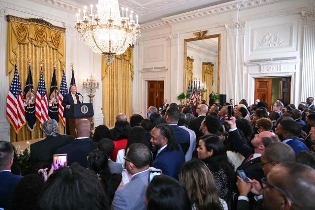 US President Donald Trump speaks during a Black History Month event in the East Room of the White House in Washington, DC, on February 18, 2026. (Photo by SAUL LOEB / AFP)