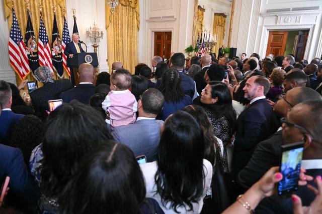 US President Donald Trump speaks during a Black History Month event in the East Room of the White House in Washington, DC, on February 18, 2026. (Photo by SAUL LOEB / AFP)