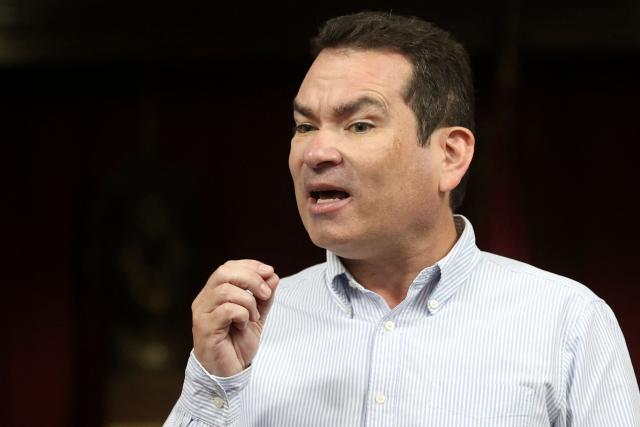 Congressman Tomas Guanipa speaks during a press conference with relatives of detained oil workers in Caracas on February 18, 2026. (Photo by Pedro MATTEY / AFP)
